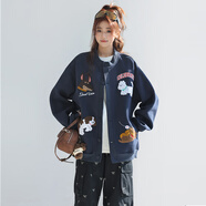 哈魯迪棒球服外套女2025秋冬新款寬松百搭學(xué)生刺繡可愛(ài)卡通小狗夾克衛衣 藏青色 常規款320克 （刺繡字母隨機） L （96-120）