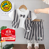 G.DUCKKIDS童裝男童套裝夏季兒童西裝套裝小童夏裝短袖短褲1男寶寶周歲禮服 灰色【豎條款】 100 尺碼2~3歲【 90-100cm】