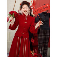 蕭遇（XIAOYU）2025年春秋冬新款女士套裝連衣裙子酒紅色中式新娘敬酒服訂婚禮服 酒紅色 M 95-105斤