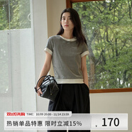 阿依蓮【商場同款】假兩件短袖t恤女夏季2025新款時尚百搭正肩撞色上衣 貝殼灰 XL