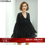 COCOBELLA璀若星河優(yōu)雅提花亮片連衣裙V領(lǐng)娃娃裙FR88 黑色 L