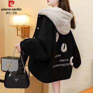 皮爾卡丹（PIERRE CARDIN）牛仔外套女秋冬加絨加厚抖音寬松保暖牛仔衣女裝夾克棉衣襖子 9862#繡花款【黑色】 加絨 S 【建議80--100斤】