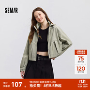 森馬外套女短款寬松小個子鹽系春季ins潮流可拆卸連帽夾克戶外風 灰綠色調00324 L