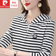 皮爾卡丹（pierre cardin）長袖t恤女棉橫條紋春秋裝2025新款中年婦女打底衫上衣連帽衛(wèi)衣 黑白條紋長袖W22Q47 3XL