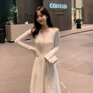 稻草季大碼胖mm蕾絲v領(lǐng)打底裙子感秋冬女裝收腰顯瘦超仙森系連衣裙 白色 M 建議80-100斤