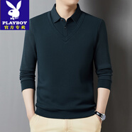 花花公子（PLAYBOY）爸爸春裝長(zhǎng)袖t恤新款中年男士假兩件襯衫領(lǐng)打底衫中老年男裝上衣 Y42-2406藏青 L 170