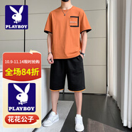 花花公子（PLAYBOY）夏季涼感透氣套裝男2025新款經(jīng)典帥氣短袖短褲時(shí)尚寬松大碼兩件套 套裝22003+K531桔紅 M 85-105斤