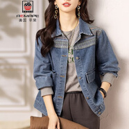 AEMAPE復古拼接長(cháng)袖牛仔短外套女2025春秋新款中年媽媽休閑百搭夾克上衣 藍色 L -105-115斤