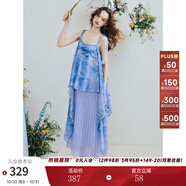 兩三事幻海波光 2025夏季新款復(fù)古印花拼接百褶裙擺吊帶裙連衣裙 藍紫色-y L