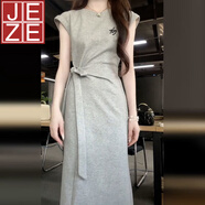 JEZE韓版灰色綁帶不規(guī)則短袖連衣裙女設(shè)計(jì)感小眾氣質(zhì)收腰a字長(zhǎng)裙 灰色 【z】 L