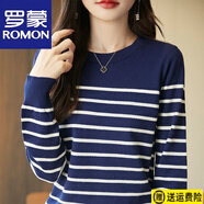 羅蒙（ROMON）羊毛衫新款黑白條紋針織衫春秋毛衣橫條紋女長袖打底時尚寬松圓領(lǐng) 官方旗艦藍(lán)漸白條紋 L 110-120斤