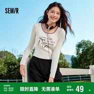 森馬長袖T恤女短款蝴蝶結字母春秋溫柔蕾絲緊身上衣107624101001