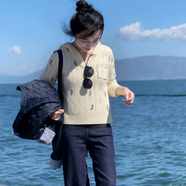開詩米亞2025秋冬新款時尚繡花 刺繡 寬松版韓系連帽圓領(lǐng)羊絨女裝毛衣 香檳色 厚款 XL