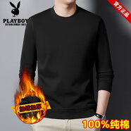 花花公子（PLAYBOY）純棉t恤男士長袖春秋季新款圓領衛(wèi)衣爸爸秋季薄款內(nèi)搭套頭打底衫 2303黑色加絨 【320克-加絨加】 M 90-110斤