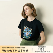 顏域復(fù)古印花休閑短袖T恤女2025年早春新款修身顯瘦圓領(lǐng)通勤上衣 黑色 M