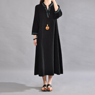 夏典素訂女王（SE.PSTP）民族風(fēng)棉連衣裙春秋品牌寬松大碼刺繡V領(lǐng)盤(pán)扣亞袍子長(cháng)裙 黑色 2XL 建議150-170斤