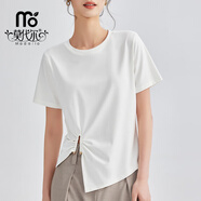 莫代爾2025春夏季新款感設計小眾短袖T恤女不規則下擺褶皺白t上衣 白色 M