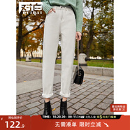 對白直筒加絨牛仔褲女冬裝新款棉質寬松顯瘦老爹褲加厚保暖法棍褲 白色 30