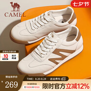 駱駝（CAMEL）板鞋男柔軟舒適德訓(xùn)鞋新款男士時(shí)尚T頭鞋真皮休閑鞋子 G14A547721 白/杏 42