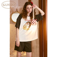 果殼（Gukoo）睡衣女夏季新款卡通插肩袖短袖女士家居服套裝 黑色套裝 S