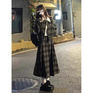 南啵丸韓系學院風長袖翻領拼接格子連身裙子秋冬感穿搭女裝套裝長裙 外套+長裙套裝(加內(nèi)里) S
