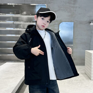 猴兄仔童裝男童加絨派克服冬季男孩中長(cháng)款加厚保暖外套冬裝中大兒童風(fēng)衣 黑色加絨 160 (建議身高150CM左右)