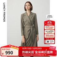朗姿設(shè)計感ol風(fēng)氣質(zhì)顯瘦西裝裙冬季新款法式長袖高級感連衣裙 卡其綠色 M
