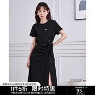 初語設計感小眾開叉連衣裙女2024夏季新款蝴蝶結(jié)收腰T恤裙中長裙 午夜黑8429807 XL