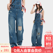KAMA卡瑪街潮破洞闊腿牛仔背帶褲2025新款夏季女高腰直筒拖地褲 藍色 L