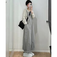 早春減齡背帶褲一整套女2025新款休閑連帽條紋上衣工裝連體褲女潮 灰色兩件套 M (建議80-100斤)