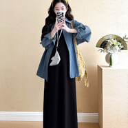 愛(ài)莉安娜孕婦裝秋季套裝連衣裙2025新款休閑條紋襯衫時(shí)尚背心裙兩件套 黑色兩件套 XXL