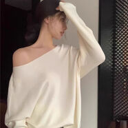 京峋春季新款女裝一字領(lǐng)長(cháng)袖針織衫寬松蝙蝠袖毛衣休秋季外套 杏色 S 建議80-95斤穿