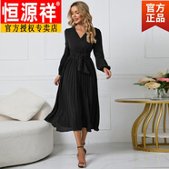 恒源祥新品歐美新款女裝優(yōu)雅泡泡燈籠袖V領(lǐng)飄逸百褶連衣裙a字裙 黑色旗艦款 S
