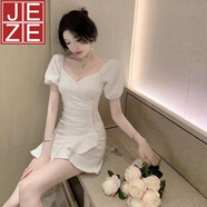 JEZE性感V領(lǐng)短袖連衣裙2025年春秋新款純欲風(fēng)低胸顯瘦氣質(zhì)魚(yú)尾包臀裙 白色【z】 S 75-85