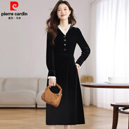 皮爾卡丹（pierre cardin）法式復古長(cháng)袖收腰連衣裙女秋冬季2025新款赫本風(fēng)感絲絨打底裙 黑色 S