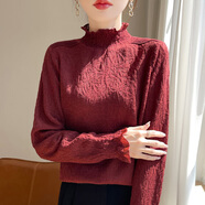 香影芬秋冬新款針織衫女半高領(lǐng)蕾絲邊洋氣毛衣女時尚內(nèi)搭喇叭袖打底衫女 紅色 2XL (建議125-135斤)