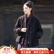 娟的絹冬季女士文藝復古拼色盤扣寬松棉襖純色立領(lǐng)短款夾棉加厚棉衣 黑色 均碼
