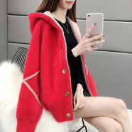 AEMAPE加厚仿水貂絨針織外套女2025秋冬裝連帽洋氣寬松顯瘦毛絨開(kāi)衫上衣 紅色 XL