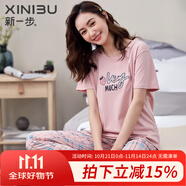 新一步（XINYIBU）純棉睡衣女士夏季短袖長褲寬松休閑圓領(lǐng)舒適可外穿家居服套裝 9173長褲【店長推薦】 L 建議160-165cm，100-115斤