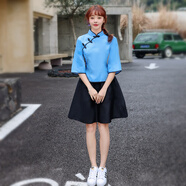 翱?jì)?yōu)民國學(xué)生裝 五四青年裝男女民國風(fēng)女裝中山裝兒童舞臺合唱表演服 藍色棉布(短裙套裝) 110 兒童尺碼