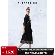 茶·愫【蕾絲美學(xué)】puretea茶愫盤扣立領(lǐng)連衣裙女撞料蕾絲裙2024夏新款 石墨黑 M