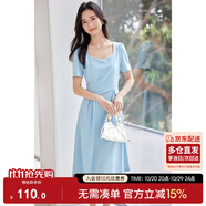 尚都比拉輕職場連衣裙女夏季收腰中長裙泡泡袖裙子 淺藍色152L80063  M