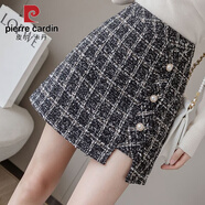 皮爾卡丹小香風(fēng)毛呢格子裙子短裙A字裙半身裙女秋冬2020新款高腰顯瘦半裙 黑色 L 建議【100-110】