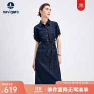 Navigare意大利小帆船女士短袖牛仔連衣裙25夏季新品純棉襯衫裙百搭長(zhǎng)裙子 海軍藍(lán) XL