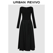 UR2025秋季新款女裝法式氣質(zhì)蕩領(lǐng)細腰帶連衣裙UWH750125