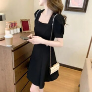 SXA2025年春秋新款連衣裙大碼女裝顯瘦遮肚洋氣方領(lǐng)泡泡袖小黑裙收腰 黑色 S