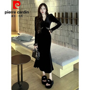皮爾卡丹（pierre cardin）名媛氣質(zhì)v領(lǐng)蕾絲拼接絲絨長(zhǎng)袖連衣裙女2025秋季收腰顯瘦魚尾長(zhǎng)裙 黑色官方旗艦 S 【建議80-100斤】