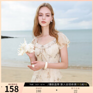 三彩2025夏季新款木耳邊荷葉袖蝴蝶印花雪紡連衣裙大擺長裙M 杏色花卉 M 160/84A