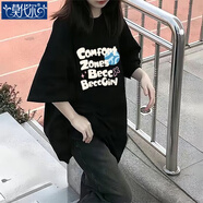 莫代爾冰絲短袖t恤女2025夏季新款寬松女裝韓版寬松ins中長(cháng)款上衣服潮流 黑色【Zones白】短袖 L 建議110-130斤