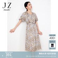 玖姿·安娜蔻花卉印花連衣裙女夏燈籠袖收腰法式風(fēng)情連衣裙 花咖啡 3XL